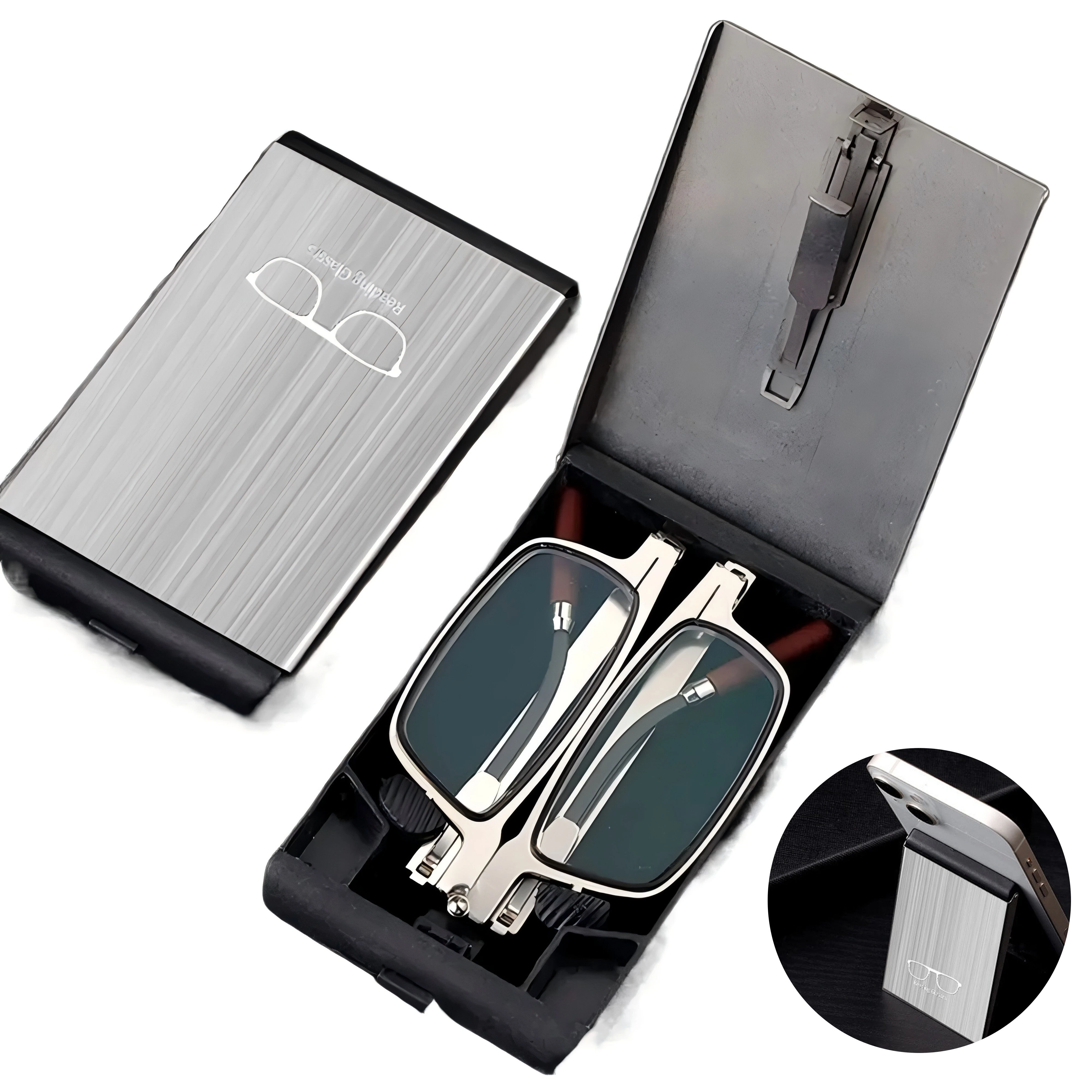 2 in 1 Portable Folding Reading Glasses with Metal Glasses Case Mobile Phone Holder HD Anti-Fatigue Anti-blue Light Presbyopic Glasses (image for) 2 in 1 Portable Folding Reading Glasses with Metal Glasses Case Mobile Phone Holder HD Anti-Fatigue Anti-blue Light Presbyopic Glasses